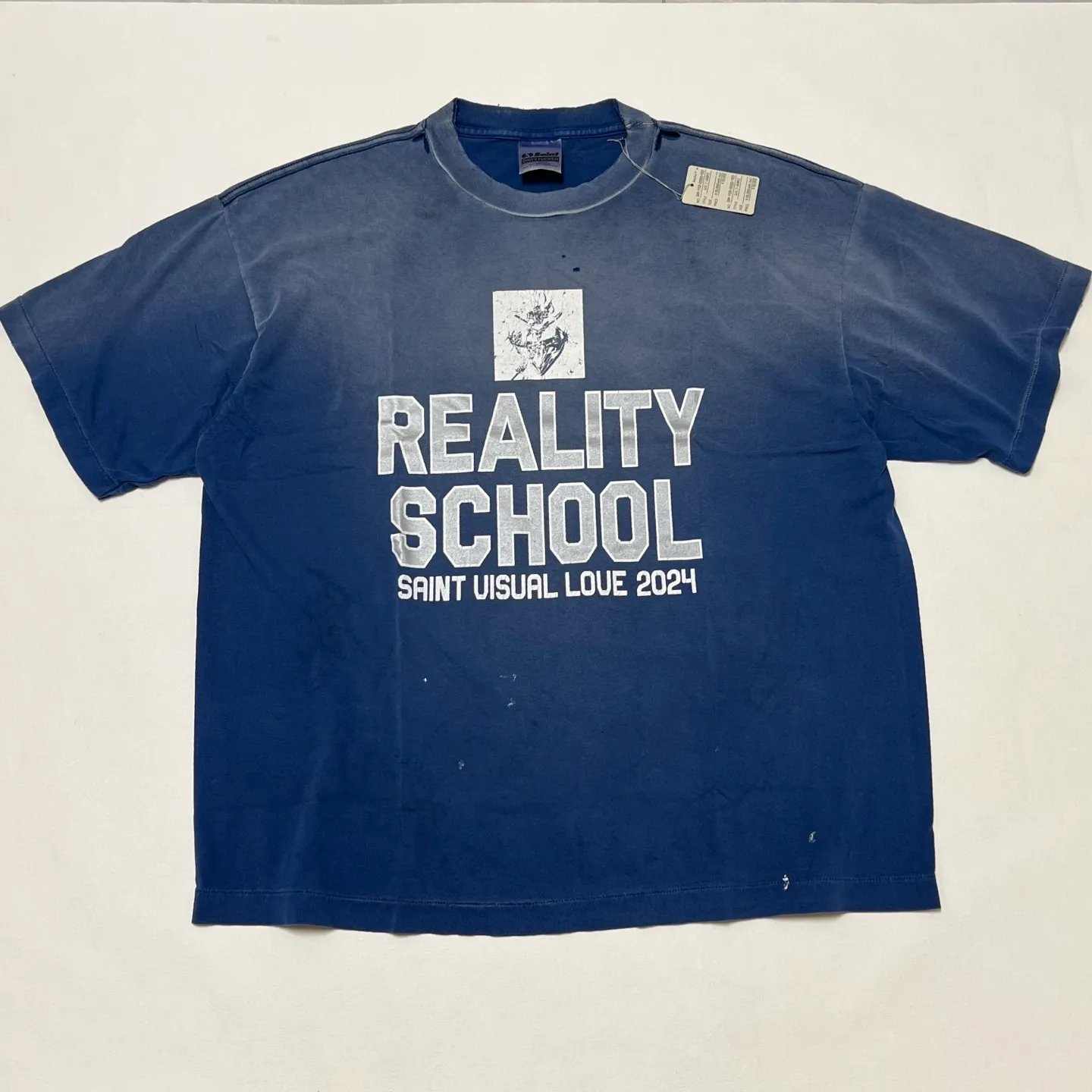 SAINT Mxxxxxx REALITY SCHOOL SS_TEE/NVY slogan distressed short-sleeves, washed blue S-XL, garment dyeing, horse fade, ultra-complex shearing and destruction treatment, correct version, cylindrical fabric, customized original consistent main mark/wash mark, original consistent silver powder printing, distressed treatment